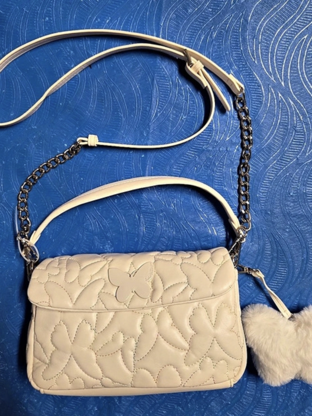 Betsey Johnson White Quilted Butterfly Crossbody Bag Cream